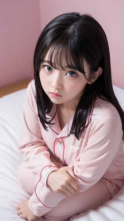 ((Top view angle)),((High definition)),((detailed)),((high resolution)),((8K)),((Perfect body)),((Perfect Face)),((Realistic)),((Realistic)),((Real)),((high quality)),((Beauty)),((pink sleeping bag pajamas)),((Sitting on the bed and looking up))、((Looking up))、((Wet Hair:1.3))、((Hug a pillow))、((No makeup))、(((pout face)))、((Puff out your cheeks))、16 years old、Double eyelids、Big Eyes、pretty girl、Pastel colored room、Pastel colored walls、Jet Black Hair、Dark brown eyes