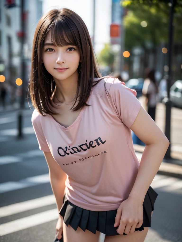 (8k, RAW Photos, Highest quality, masterpiece:1.2), (Realistic, photo-Realistic:1.4), (Highly detailed 8K wallpapers), ((Full Body Shot)), (1 girl), Sharp focus, Depth of written boundary, Cinematic lighting, Soft Light, 緻密な美しさのeye, eye_Chan, Very beautiful 17 year old girl, innocent big eyes, Realistic, photo Realistic, Highly detailed cute girl, (Thin thighs), (Model Body Type), 18-year-old, (Short sleeve t-shirt in pink color), (Black leather micro mini pleated skirt), (((Fold your arms in front of your chest and act arrogantly))), ((A happy smile)), Parted lips, Watching the audience, (On the streets of Tokyo) , (Brown Hair),(Long Bob Hair), (Asymmetrical bangs)