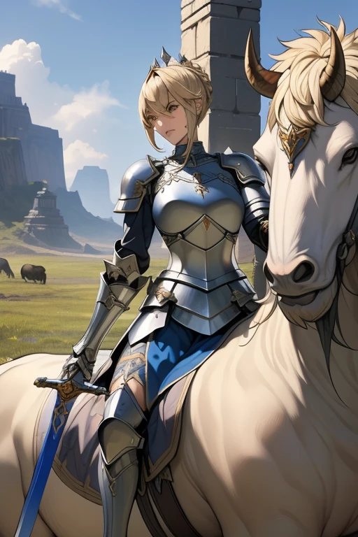 (masterpiece, best quality),Woman in armor holding a sword in front of a bison, Armor Girl, Age 25,Mature Woman, fantasy,, Blonde woman, Granblue Fantasy, female knight, Artoria Pendragon, Different world, 4k,