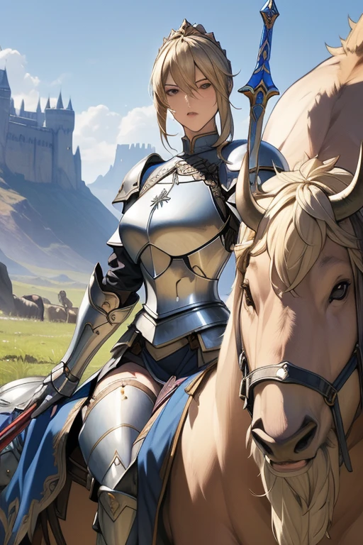 (masterpiece, best quality),Woman in armor holding a sword in front of a bison, Armor Girl, Age 25,Mature Woman, fantasy,, Blonde woman, Granblue Fantasy, female knight, Artoria Pendragon, Different world, 4k, 