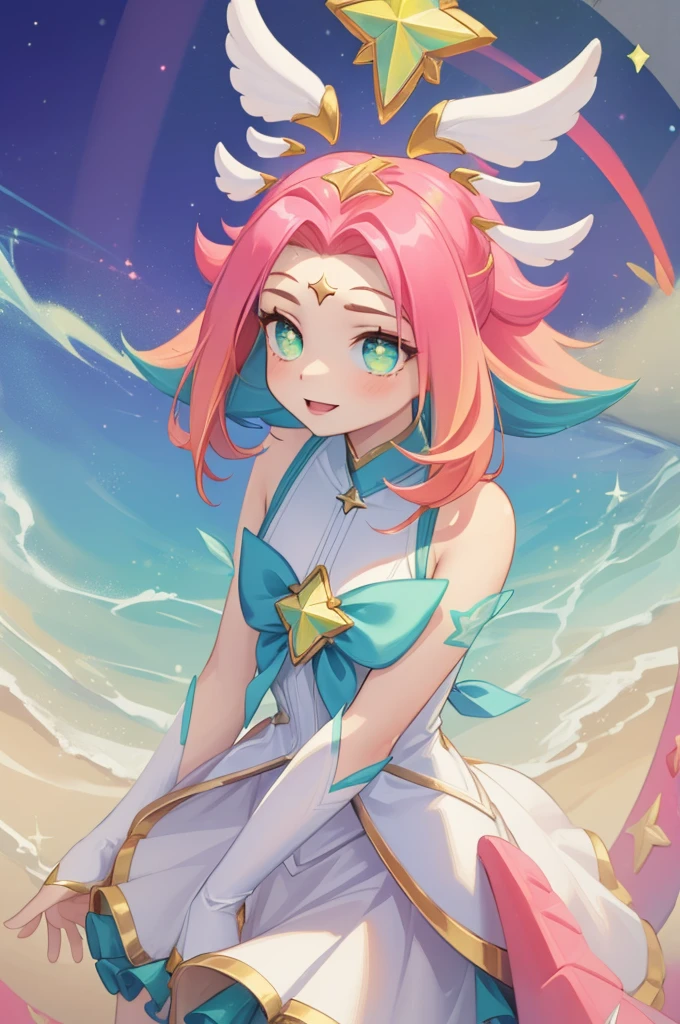 (Masterpiece:1.4), (best quality:1.2), star guardian neeko, 1girl, multicolored hair, dress, star guardian \(league of legends\), magical girl, tail, hair ornament, smile, upper body