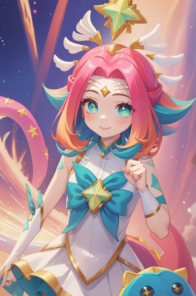 (Masterpiece:1.4), (best quality:1.2), star guardian neeko, 1girl, multicolored hair, dress, star guardian \(league of legends\), magical girl, tail, hair ornament, smile, upper body