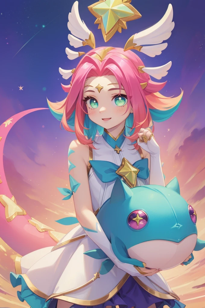 (Masterpiece:1.4), (best quality:1.2), star guardian neeko, 1girl, multicolored hair, dress, star guardian \(league of legends\), magical girl, tail, hair ornament, smile, upper body