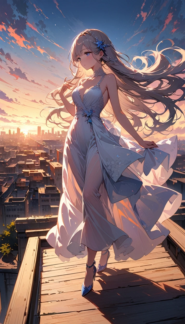 (CG 8k wallpapers are extremely detailed, masterpiece, best quality, Super detailed), (Better lighting, Better shadows, Extremely refined), floating, High Saturation, Looking down from above, 1 Girl, white hair, blue eyes, Very long hair, Hair accessories, Standing on the Rooftop, Gorgeous evening dress, Delicate shoes, Hair swaying gently in the wind, Amazing city view in the background, romantic atmosphere.
