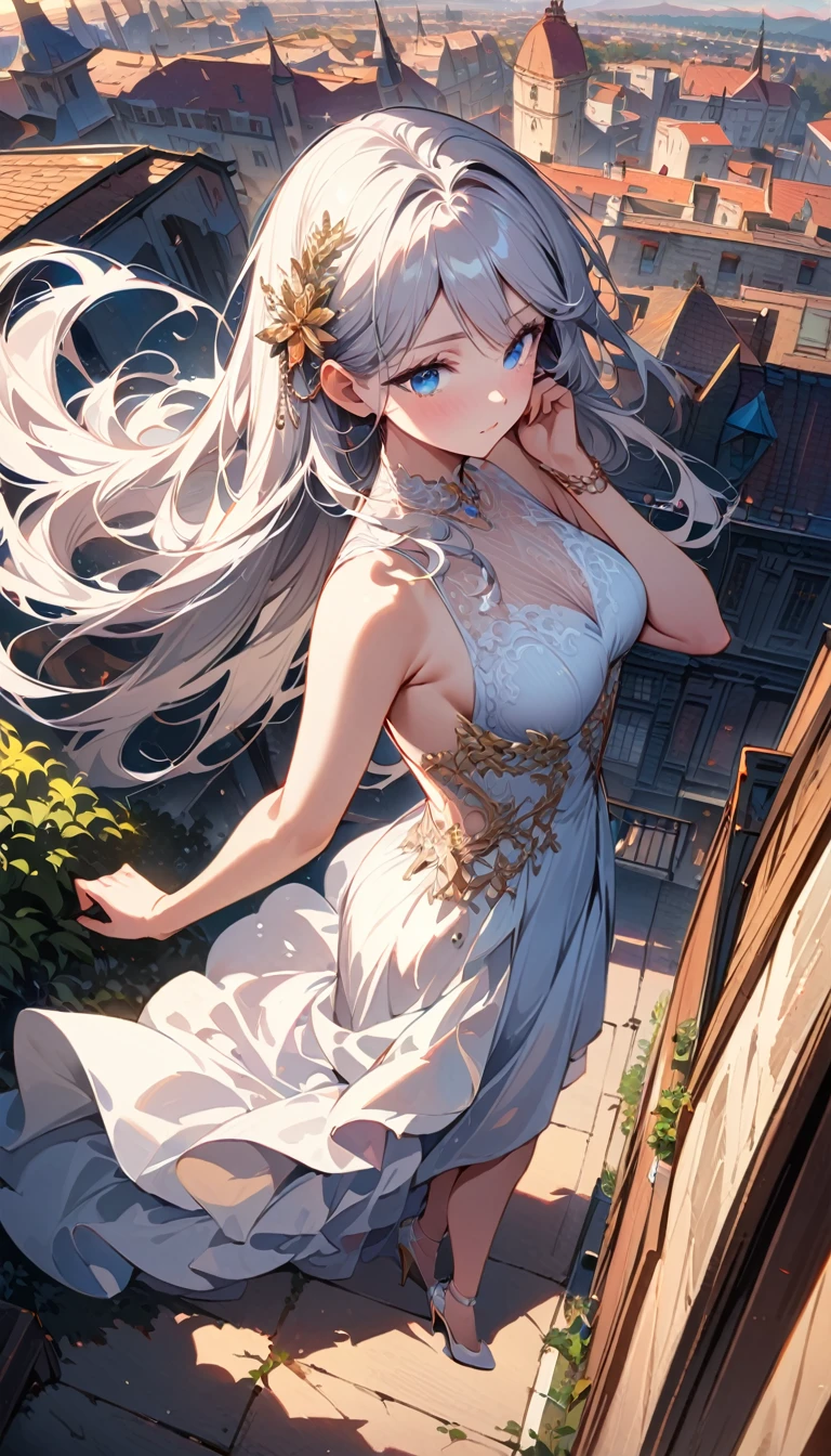 (CG 8k wallpapers are extremely detailed, masterpiece, best quality, Super detailed), (Better lighting, Better shadows, Extremely refined), floating, High Saturation, Looking down from above, 1 Girl, white hair, blue eyes, Very long hair, Hair accessories, Standing on the Rooftop, Gorgeous evening dress, Delicate shoes, Hair swaying gently in the wind, Amazing city view in the background, romantic atmosphere.