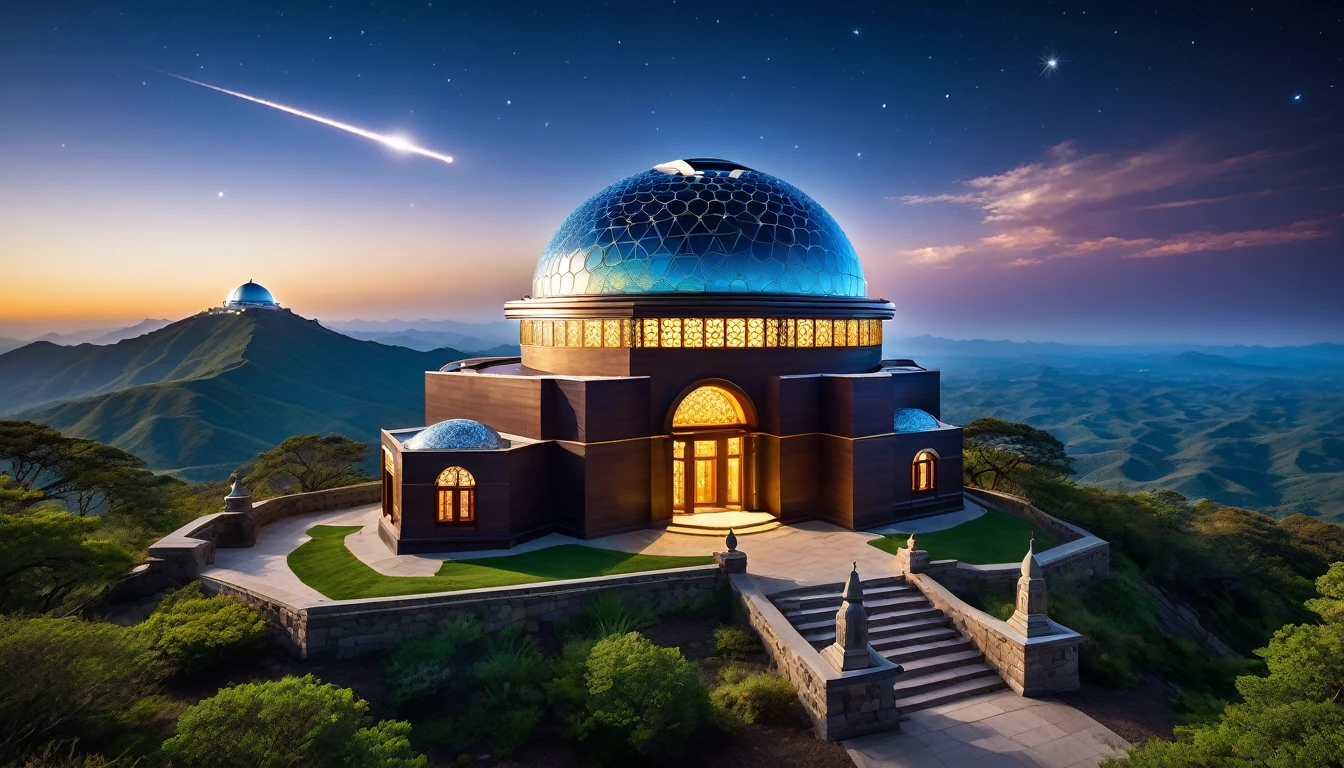 A DSLR photo, award-winning, with deep rich saturated colors and good contrast, shot with a Goerz Hypergon f/8 lens. A grand celestial observatory atop a mountain peak, where ancient telescopes and exquisitely hyperdetailed laser-crafted stone and wood platforms provide breathtaking views of the cosmos. Sunrays filter through the crystal dome, creating volumetric light and casting a magical glow throughout the observatory. The architecture blends motifs and styles from many cultures, featuring God-level hyperintricate carvings, celestial murals, astrological sculptures, and intricate star charts. The scene exudes an otherworldly, dreamlike quality, with celestial plants intertwining with the observatory structures, and the serene sound of wind chimes enhancing the tranquil atmosphere.