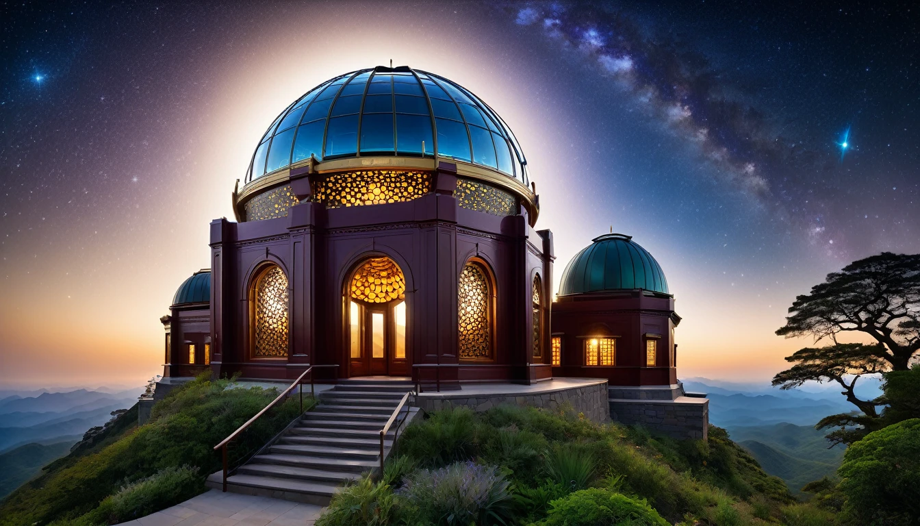 A DSLR photo, award-winning, with deep rich saturated colors and good contrast, shot with a Goerz Hypergon f/8 lens. A grand celestial observatory atop a mountain peak, where ancient telescopes and exquisitely hyperdetailed laser-crafted stone and wood platforms provide breathtaking views of the cosmos. Sunrays filter through the crystal dome, creating volumetric light and casting a magical glow throughout the observatory. The architecture blends motifs and styles from many cultures, featuring God-level hyperintricate carvings, celestial murals, astrological sculptures, and intricate star charts. The scene exudes an otherworldly, dreamlike quality, with celestial plants intertwining with the observatory structures, and the serene sound of wind chimes enhancing the tranquil atmosphere.