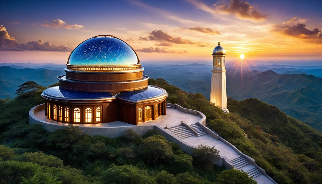 A DSLR photo, award-winning, with deep rich saturated colors and good contrast, shot with a Goerz Hypergon f/8 lens. A grand celestial observatory atop a mountain peak, where ancient telescopes and exquisitely hyperdetailed laser-crafted stone and wood platforms provide breathtaking views of the cosmos. Sunrays filter through the crystal dome, creating volumetric light and casting a magical glow throughout the observatory. The architecture blends motifs and styles from many cultures, featuring God-level hyperintricate carvings, celestial murals, astrological sculptures, and intricate star charts. The scene exudes an otherworldly, dreamlike quality, with celestial plants intertwining with the observatory structures, and the serene sound of wind chimes enhancing the tranquil atmosphere.