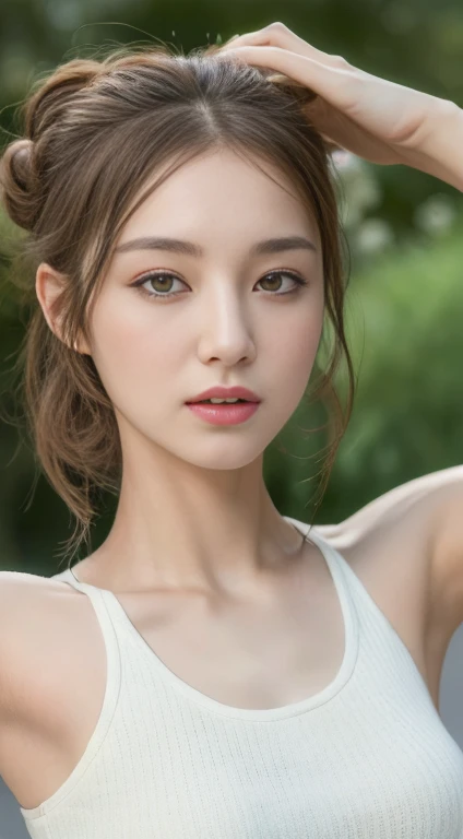 ((Best quality, 8k, Masterpiece :1.3)), 1girl, Pretty woman with emphasizing slender abs :1.3, (random hairstyles :1.2), Oversized tank top :1.2, Ultra-detailed face, Detailed eyes, Double eyelid, armpit, 