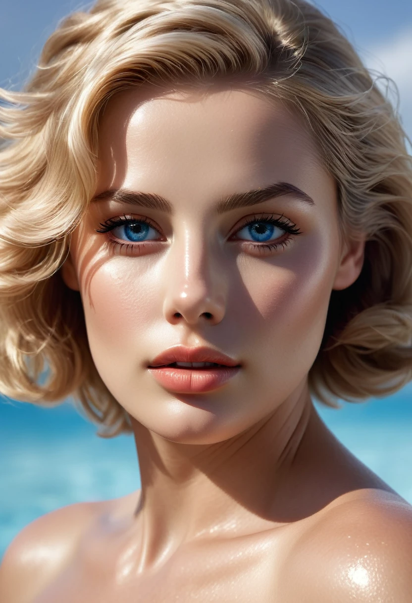 Photorealistic Grace Kelly, detailed short messy blonde hair, mid shot, Detailed skin, detailed body, muscular, solo, wearing tiny micro bikini, huge breasts, thick thighs, wide hips, , split abs, thick thighs, blue eyes, Natural Skin Texture, skin detail, shiny skin, shiny glossy skin, WET skin, wet body, glossy skin, oily skin, Mediterranean tan, high contrast, realistic skin, skin pores, intricate detail, high contrast, realistic skin, skin pores, intricate detail, raw photo, mature female, glossy lips, luscious lips, pretty nose, lifelike rendering, immersive atmosphere, chiaroscuro, moody lighting, perfect female body, realistic skin, skin pores, at an expensive private swimming pool in Brazil
