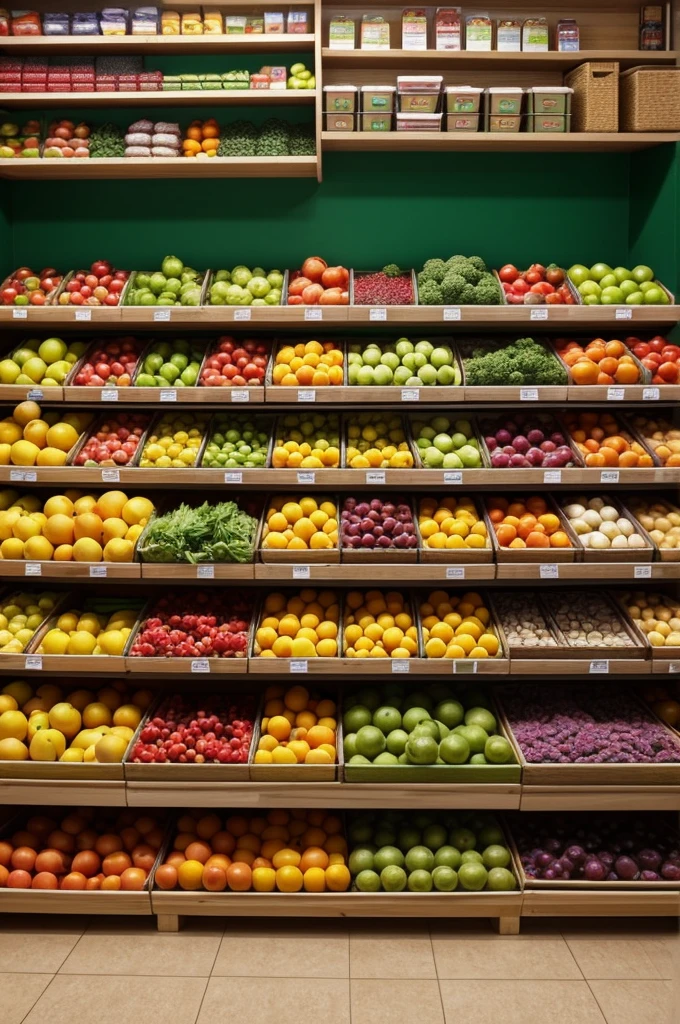 I need an image of a simulation of a small store in a room in which only fruits and vegetables are sold and each product has its original price and on the side the amount of discount that each one has.