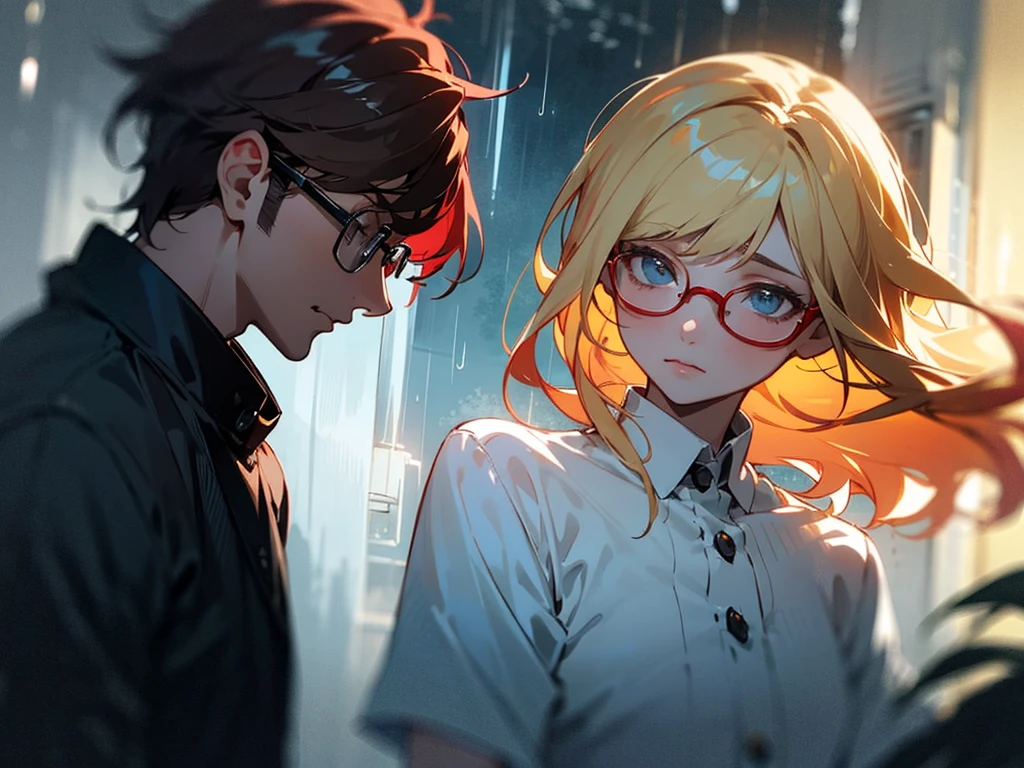 Red-haired woman and blonde woman、A dark-haired man wearing glasses is talking on a rainy night, creating a slightly melancholic atmosphere.