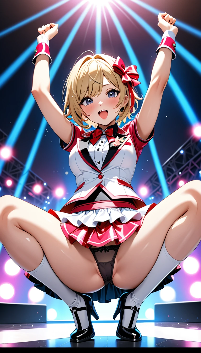(Masterpiece、Highest quality、Very detailed、4K)、One Woman、Super short skirt、Panties、Idol、((Transcendent))、squat、Leg spread