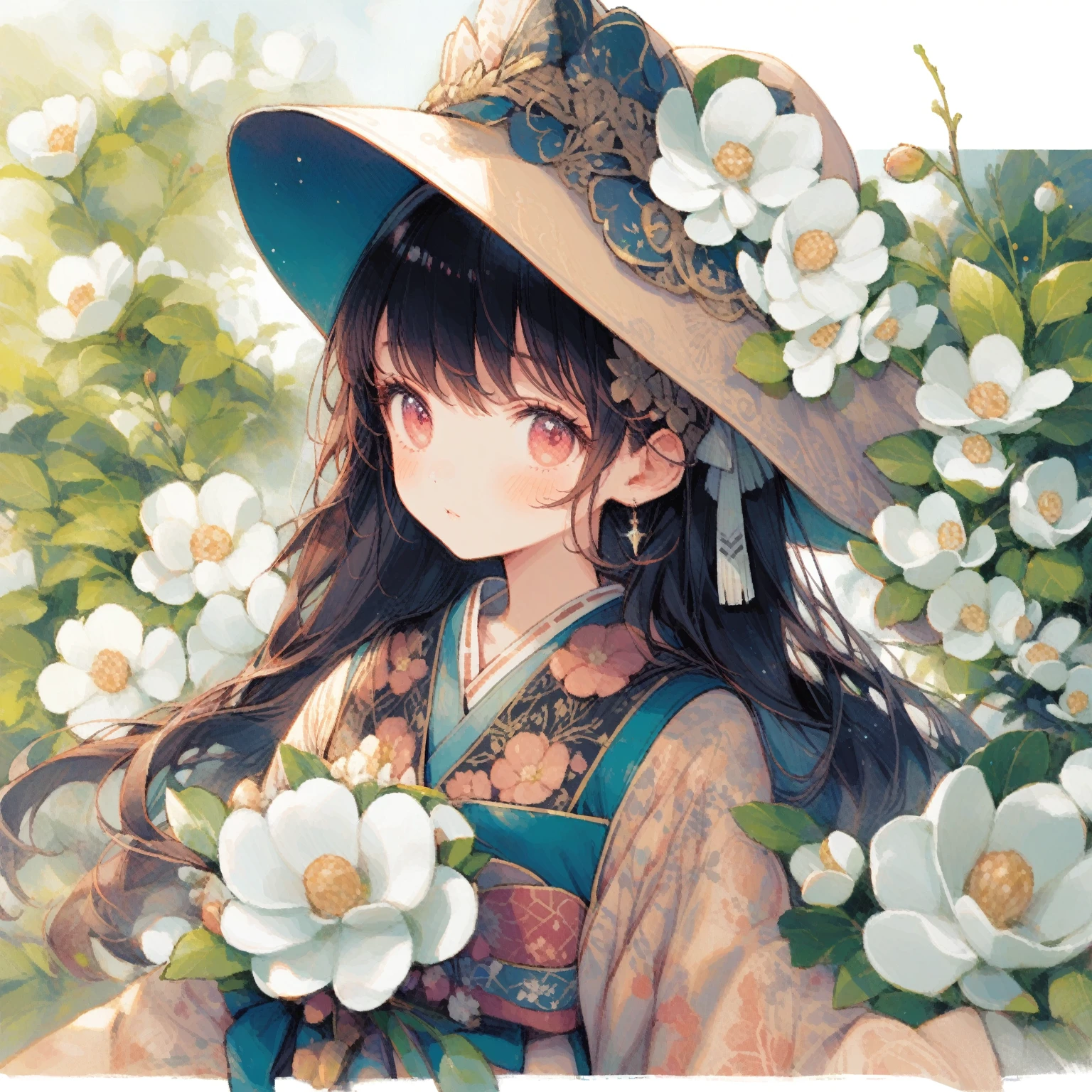 1girl、Summer Camellia Girl、Stewartia pseudocamellia、「Ephemeral beauty」「Loveliness」、Japanese stewartia、tegaki
