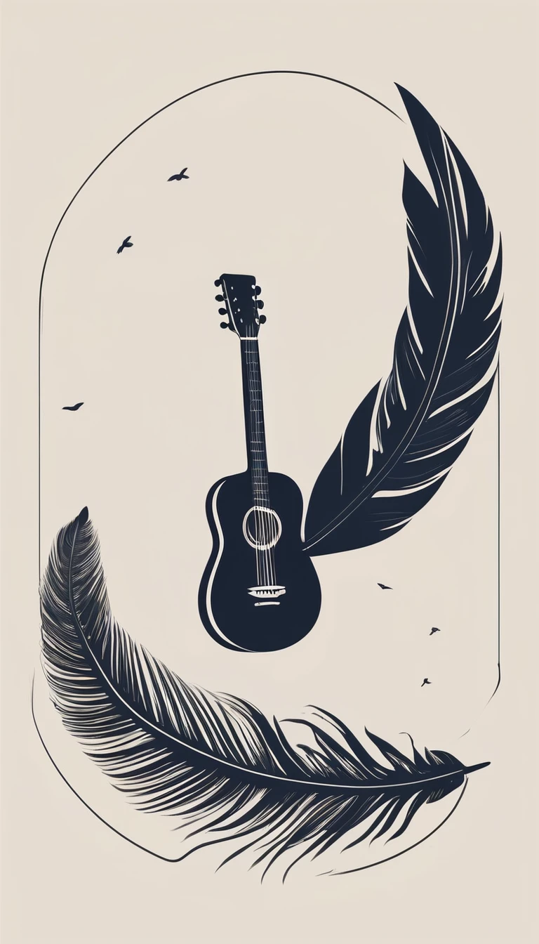 A minimal, modern, simple, cinematic logo design for the brand “Penamemoria". The logotype must be a boy playing acoustic guitar alongside a bird and a feather. The logo must convey a sense of music, stories and dreams. Minimalistic logo of a boy playing acoustic guitar and dissolving into a feather