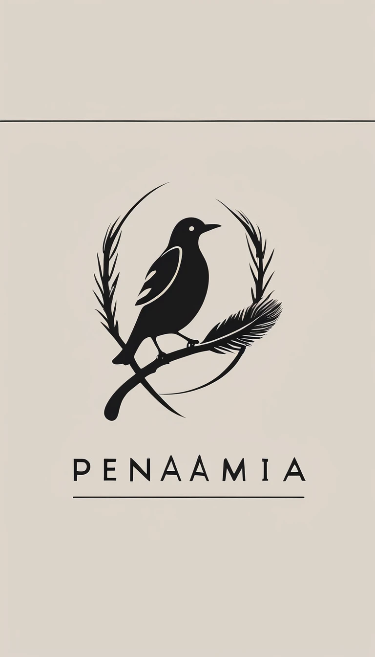A minimal, modern, simple, cinematic logo design for the brand “Penamemoria". The logotype must be a boy playing acoustic guitar alongside a bird and a feather. The logo must convey a sense of music, stories and dreams. Minimalistic logo of a boy playing acoustic guitar and dissolving into a feather