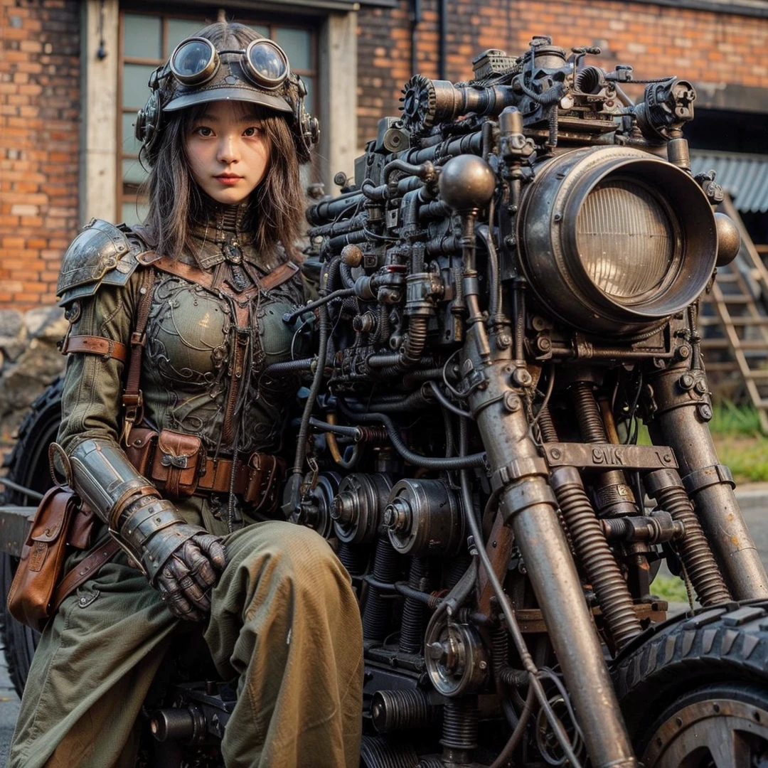 Dystopian night scene, very intricate details, Japanese woman wearing model-like armor, beautiful face, legs, cylinders that look like muscles, pose in motion, 8k, ultra high resolution, super realism, realistic photo, taken with Fuji film X-T30.+Nokton. HDR10