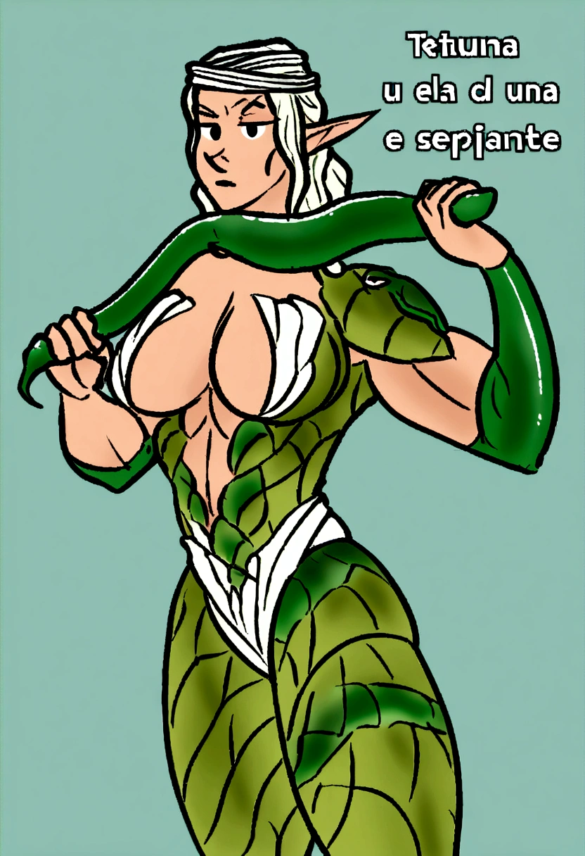 Obra maestra, a naked ELF her skin is full leather snake skin (su piel es de serpiente ). image of a superheroine with a fitness body and very tight snake skin attached to her muscles, gran detalle de texturas. peleando contra una villana, El fondo es una guerra