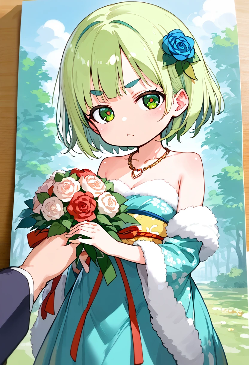 score_9, ,score_7_up, score_6_up, 1girl, source_cartoon, source_anime,breathtalking Scenery,watercolor,smooth soft skin, natural skin,rating_questionable,mjm
BREAK
(:1.7),(little female child:1.6), small breasts,ultra cute face, (lolidler:1.1), 6 yo,kawaii, (highlight on eyes), (jiggly:0.8), shiny skin,(hand holding flowerbouquet:1.4),
BREAK
(green maro eyebrows:1.6),(medium green hair:1.3),pouty and slightly grumpy,(pout:1.2), ::(, (jitome),frown,white streaked hair, green eyes,(Icelandic folk costume:1.1), hair ornament, hairflower,(beautiful detailed Icelandic dress:1.2), long sleeves, Icelandic traditional pettern, traditional media, (traditional clothes:1.2), jewelry, floral print, fur trim, necklace, skirt, dress, long sleeves, rose, excessive detailed collarbone,dynamicangle,