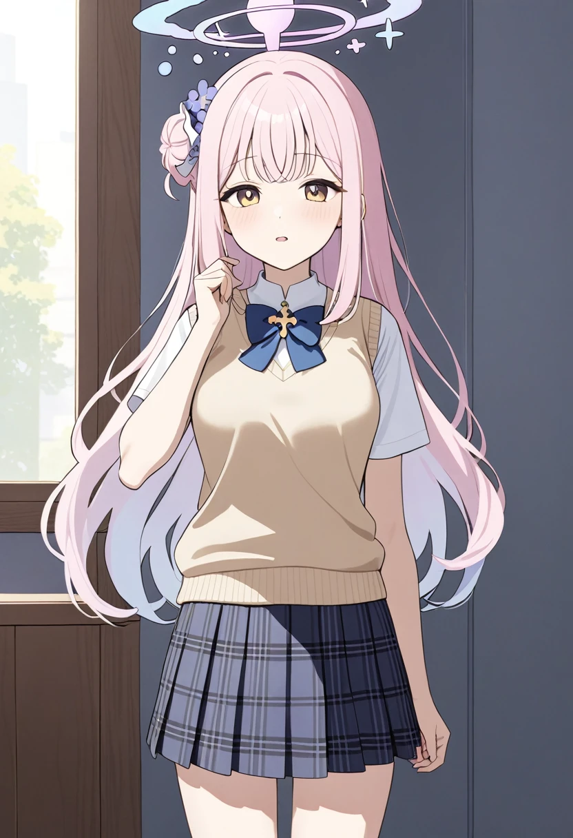 Mika/Blue archive,beige sweater vest, plaid skirt, standing,