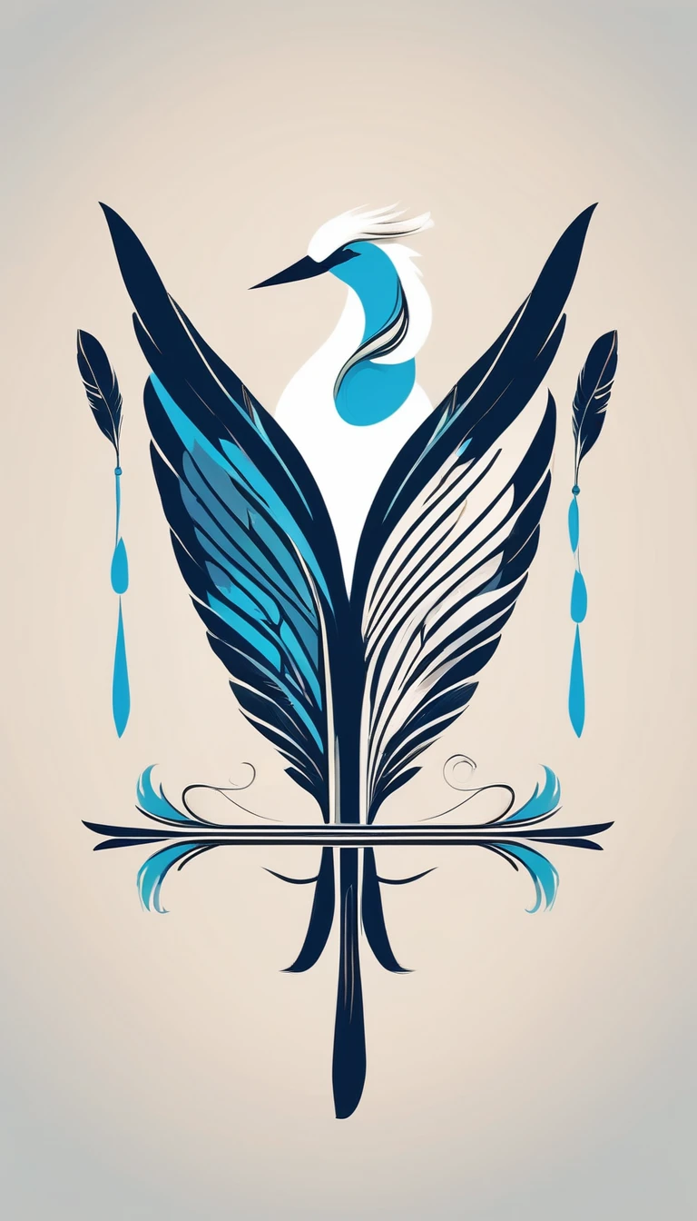 Create a symmetrial, abstract logo of two birds and a boy guitarist. As a symbol, create a feather as the special symbol for a creative brand called " Penamemoria". The logo should represent the companionship between a boy musician, A Storyteller Fantasy Bird and a Dreamy Feather. Minimalist symbol design
