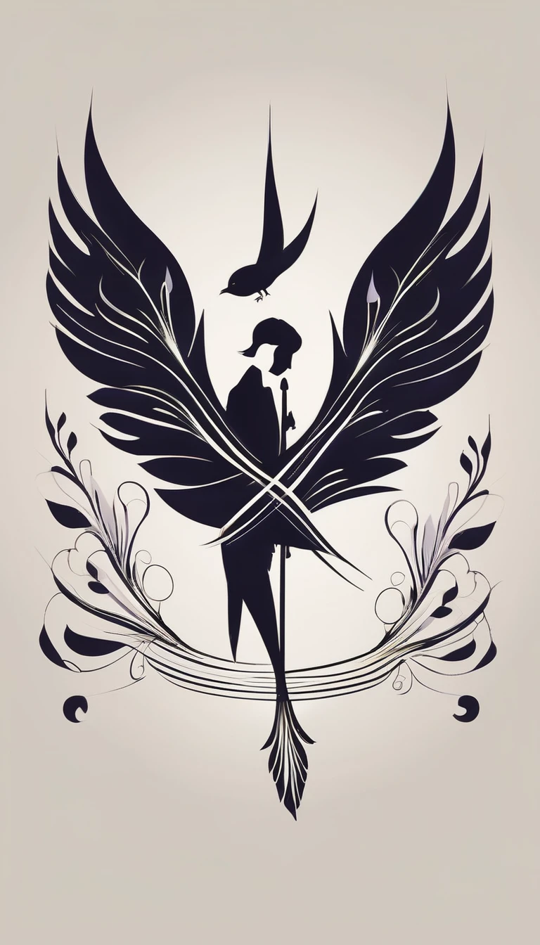 Create a symmetrial, abstract logo of two birds and a boy guitarist. As a symbol, create a feather as the special symbol for a creative brand called " Penamemoria". The logo should represent the companionship between a boy musician, A Storyteller Fantasy Bird and a Dreamy Feather. Minimalist symbol design