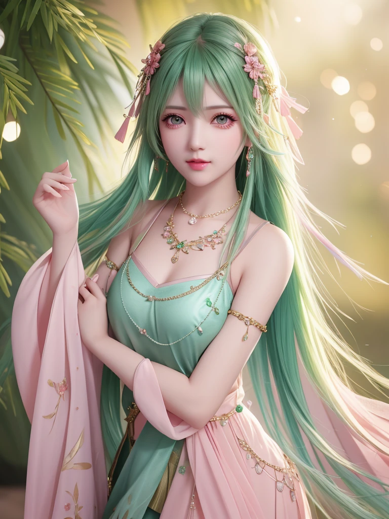 best quality, masterpiece, High target, 1 Girl, Beautiful and fashionable clothes, Hair Decorationss, necklace, Decorations, Pretty Face, When the body, Tyndall effect, Realistic Portraits, Dark Studio, Edge lighting, Two-color light, (Very delicate skin:1.2), 8K uhd, Digital SLR Camera, Soft Light, high quality, Volumetric Lighting, Honest, photo, high resolution, 4k, 8K, Bokeh, Green hair，pink hair tips, Pink Eyes.