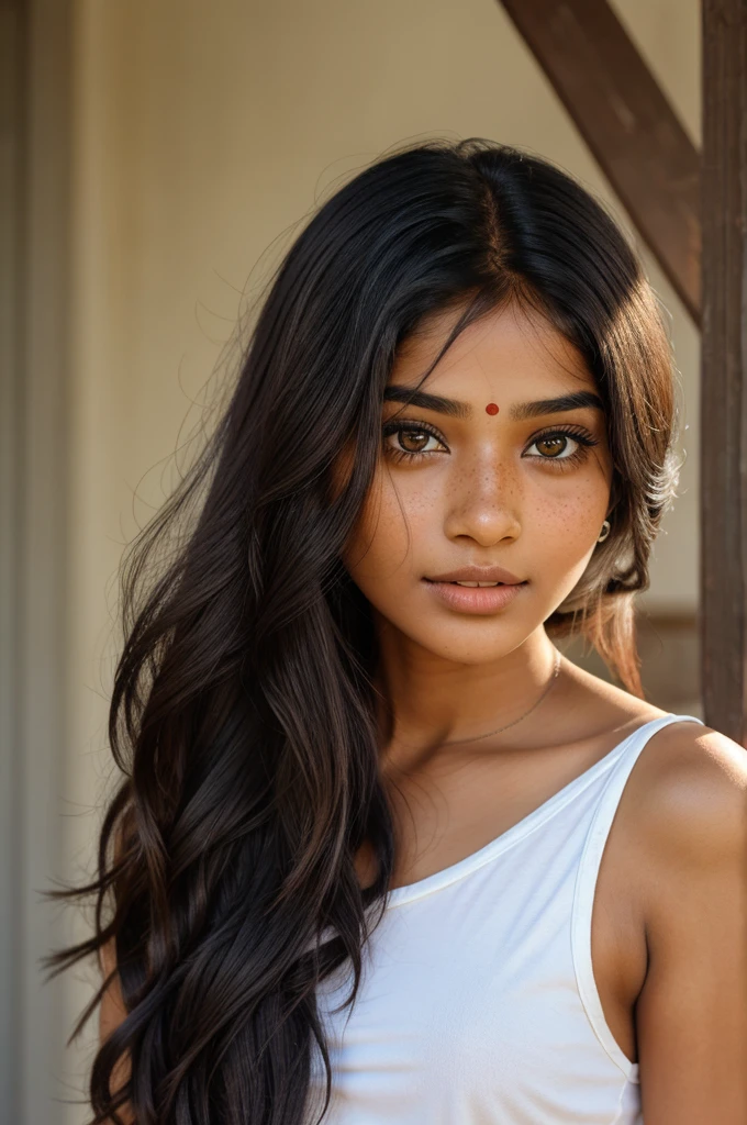 Indian girl eith black long hair and brown eyes with freckles