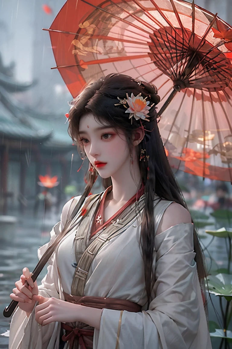 A woman holds a oil-paper umbrella on her shoulder to shelter from the rain as part of a fashion event in the style of Yue Xiaofei,light jade,ethereal dream,Tang Youhong,elegant,detailed design,dansaekhwa Joil-paper umbrellachinese clothesholding umbrellarain (Milky skin, shiny skin:1.3)(lotus leaf:1.2),