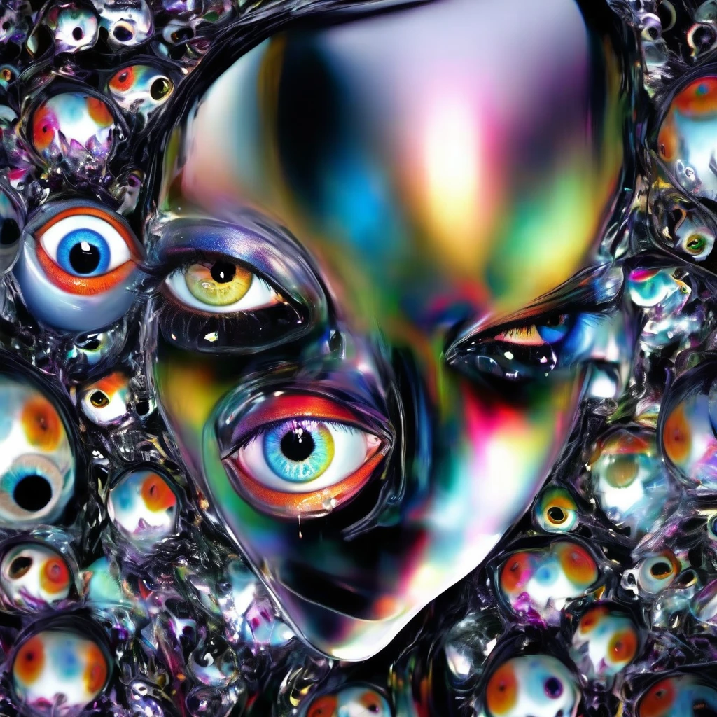 a distorted human head having detailed ((multiple count of eyeballs)) in a , cosmic watery dimension using crystal clear effect , ((wet effect)) , shimmering vibrant , blackpitch background using hd , 32k high resolution, clear grahpic , high quality image in 32k resolution.