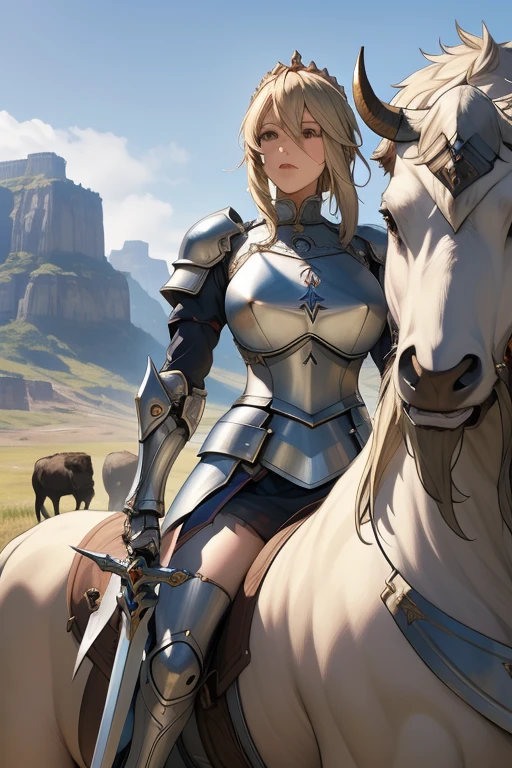 (masterpiece, best quality),Woman in armor holding a sword in front of a bison, Armor Girl, Age 25,Mature Woman, fantasy,, Broken Armor 1.3, ,Blonde woman, Granblue Fantasy, female knight, Artoria Pendragon, Different world, 4k,
