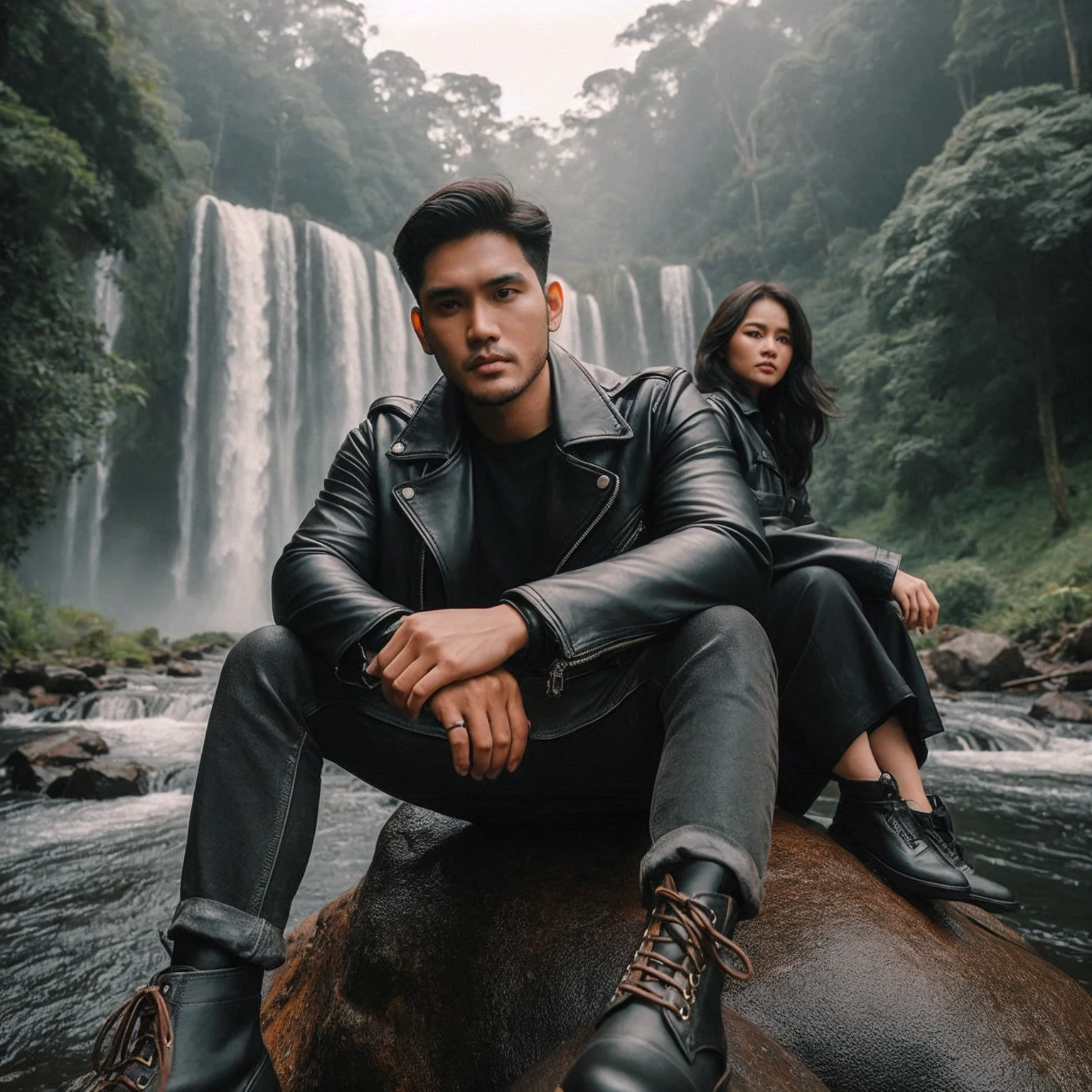 outdoor photo of indonesian couple "a 30 years old man clean face, with short crew hairstyle wearing black leather jacket, boot, a 30 year old woman chubby cheeks with black long hair wearing black leather jacket. baground is beautiful forest, big waterfall behind and river side, beautiful sky, like place of heaven, woman sit on rock, man standing besid, detail, good lighting, professional photography, HD, 8K