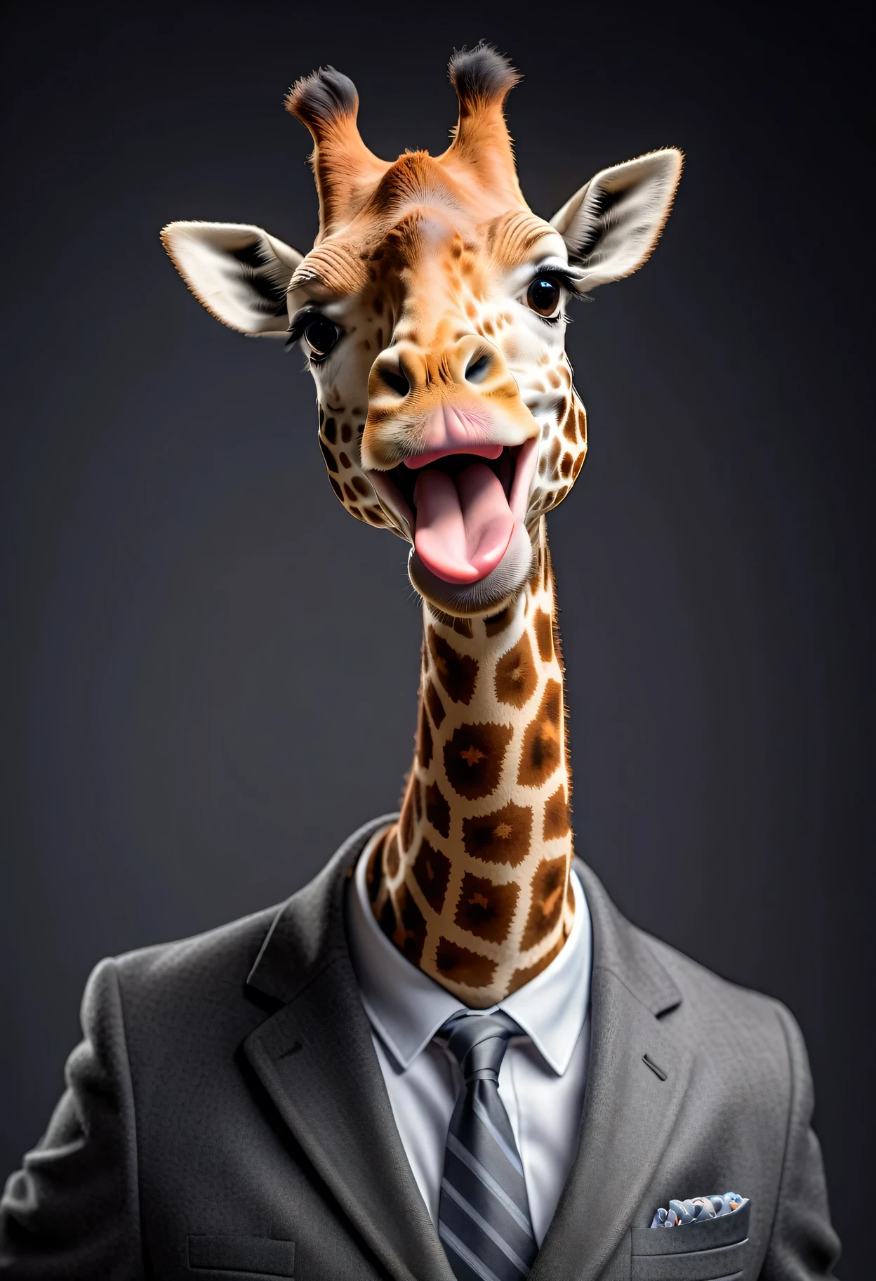 face close up photo of anthropomorphic fat giraffe,(furry), dressed in a dark gray suit, (sticking out tongue:1.5),(happy smile:1.5),(playful:1.2), soft lighting, Cinematic, hdr, primitive, Intricate, High quality, smoothing tones, Intricate details, Low contrast,(viewed from side:2.0), (looking at viwer:1.5), simple background