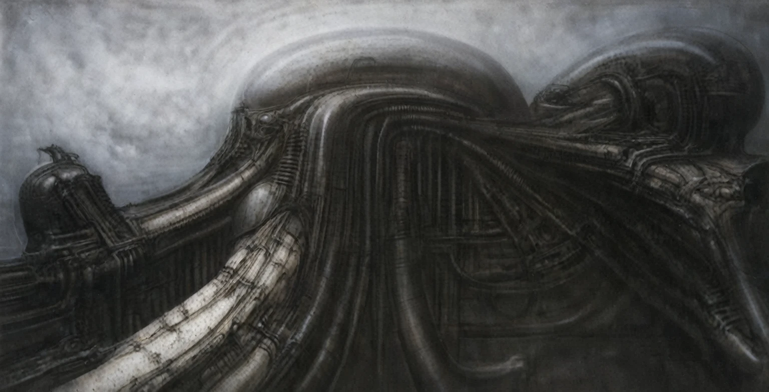 Create biomechanical tableau with some of the artistic techniques and compositional features used in /&quot;Necron IV/” by h r (Hans Rudie) giger:
 The image depicts a complex, sprawling city made of dark ivory, metal and wires. The city is densely packed with loops and twists, resembling a massive, intricate machine.
The painting is composed around a central focus of bone-like celestial formations and tectonic weathering structures with a phallic spine. This central form is the most detailed and brightly lit part of the painting, and it draws the viewer's eye in.The central focus is emphasized by the use of light and shadow. The light source is coming from the top left of the painting, and it casts a bright spotlight on the scene.
Biomorphic forms: The biomechanical forms in the painting are inspired by biological organisms, but they are also machine-like. These forms create a sense of unease and discomfort, as they blur the line between the natural and the artificial
. The image is highly detailed and intricate, uses, with transparent organs and bones exposed). The piece has a thick mechano-organic texture and is covered in fine details. The image has a swirling, organic quality to it. The artistic manner would be unmistakably Gigeresque. A dark and unsettling beauty would permeate the piece, blurring the lines between fascination and repulsion , forever haunted by the grotesque allure. Giger's signature artistic manner would be evident in every stroke. The airbrush would be wielded with masterful precision to create a hyperrealistic yet nightmarish aesthetic.,hrgiger,H.G. Giger Style, Biomechanics,HRGigerArhP style