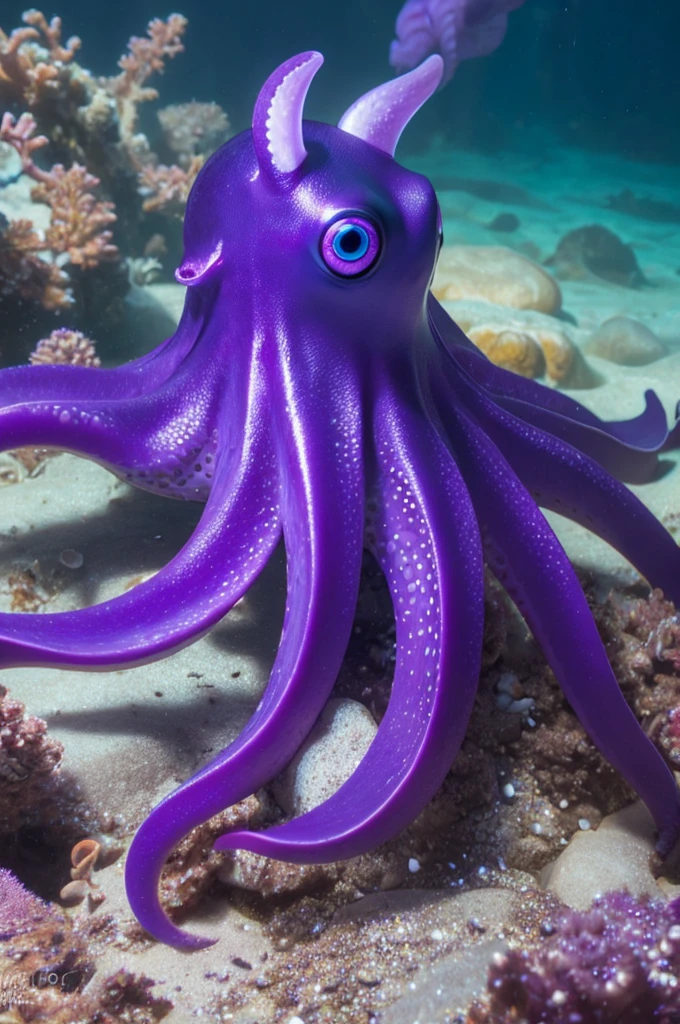 Realistic purple octopus metallic His eyes are glowing blue In the water