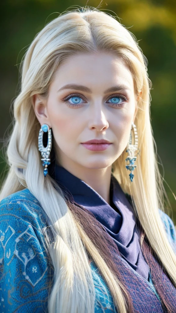 Beautiful girl, Blue eyes, long curly white hair, detailed facial features, beautiful earrings, national turkic women&#39;s outfit, bare chest, yurta behind, Snowing, sexy pose