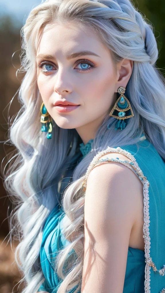 Beautiful girl, Blue eyes, long curly white hair, detailed facial features, beautiful earrings, national turkic women&#39;s outfit, bare chest, yurta behind, Snowing, sexy pose