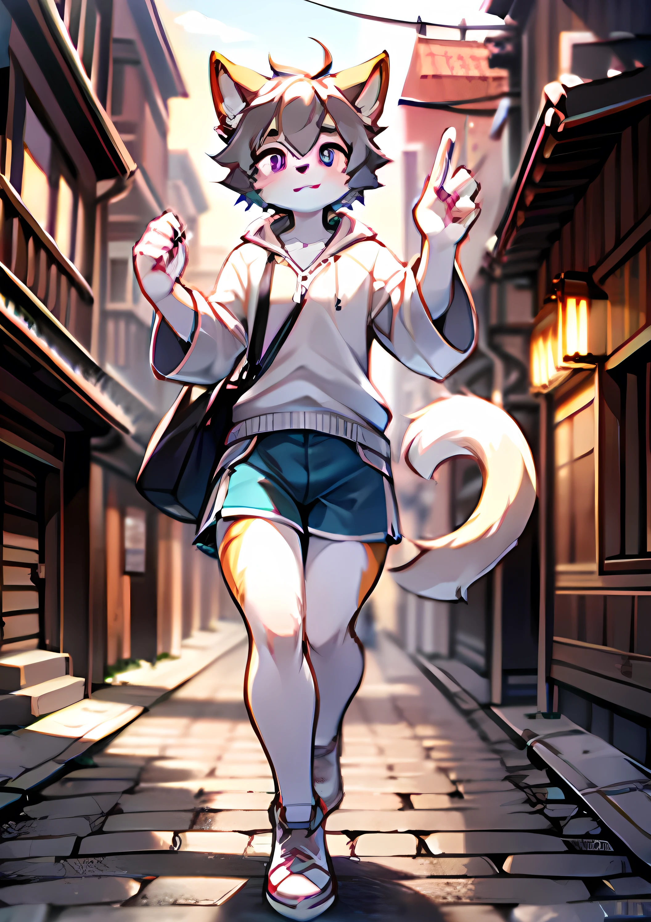 Bright Eyes, Panorama, character focus solo, Furry, Furry male cat, Yellow-white fur of male, Purple Eyes, Gray Hair (length), wearing blue shorts and shorts, Casual clothing, Great style, Height 1.7 meters, pretty girl, Has a tail,Jumping、front、background is kyoto