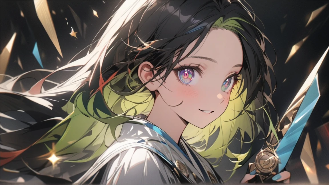 One Girl, multicoloRedhead, inner hair color, Black Hair, Redhead, Blue Hair, Green Hair, Symbol-shaped pupil, Very detailed, Attention to detail, high quality, Awards, 最high quality, High resolution