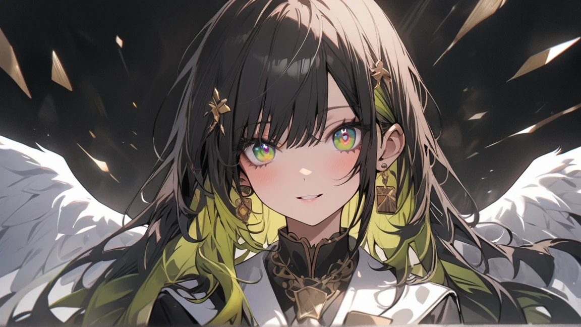 One Girl, multicoloRedhead, inner hair color, Black Hair, Redhead, Blue Hair, Green Hair, Symbol-shaped pupil, Very detailed, Attention to detail, high quality, Awards, 最high quality, High resolution