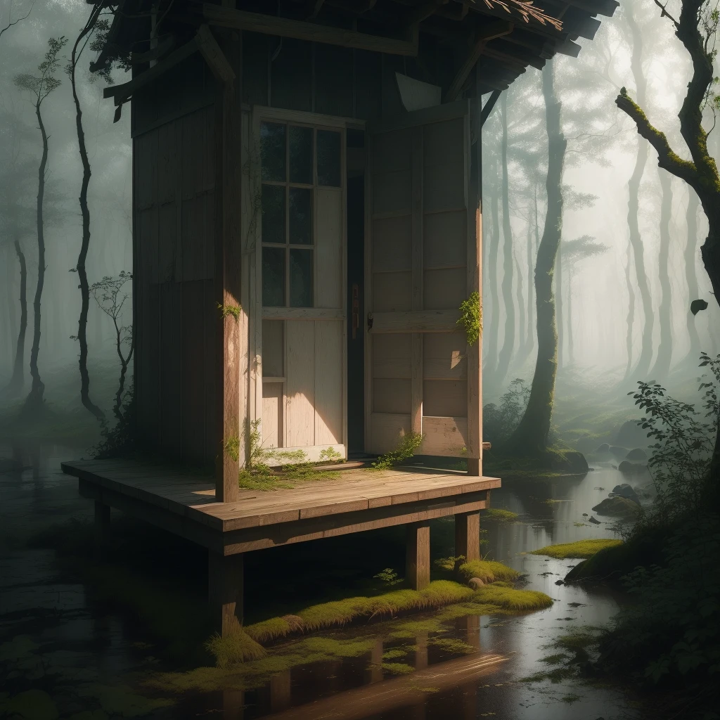 title: 暗くDilapidated森の避難所の説明:
Imagine something strange, Deep forest at dusk. 厚い樹冠teeth日光をほとんど通さない, Casts eerie shadows on the overgrown forest floor. This rough々Shii々In this strange and eerie landscape, Dilapidated, 曲がりくねったwood々An abandoned hut is hiding. That dark, 風化したwood造建築物は忘れ去られた時代の物語を語る. The window is broken, ドアteeth半開き, Revealing the dark emptiness within. Around the hut, Ancient, 節くれだったwood々teeth、Its branches spread out as if guarding a secret hidden in an abandoned dwelling..。. 森の床にteeth落ち葉が散らばっている, wood々There is a thin mist over々Flowing, shroud the scene in a veil of mystery.

When the sky darkens with ominous clouds, A soft drizzle begins to fall, The rhythmic rustling of hut roofs and leaves. 雨teeth次第に強くなる, The eerie silence of the forest brought to life. Each drop creates ripples in a small puddle on the muddy ground... このシーンteeth暗くも魅惑的な美しさが融合している, nature&#39;A quest to recapture what humanity once touched.

Let the fine details like the rough texture of the bark, Wet leaves shining in the soft evening light, Raindrops slide gently off the leaves, An eerie silence hangs over the abandoned hut, Evokes a sense of melancholy and poetic loneliness. Aim for realistic rendering with careful attention to lighting, texture, In a forgotten haven in the middle of a dark forest、An unforgettable and enchanting atmosphere、It captures the essence of.