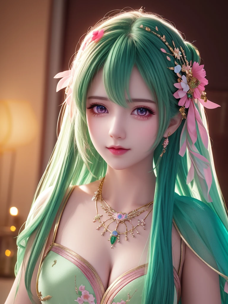best quality, masterpiece, High target, 1 Girl, Beautiful and fashionable clothes, Hair Decorationss, necklace, Decorations, Pretty Face, When the body, Tyndall effect, Realistic Portraits, Dark Studio, Edge lighting, Two-color light, (Very delicate skin:1.2), 8K uhd, Digital SLR Camera, Soft Light, high quality, Volumetric Lighting, Honest, photo, high resolution, 4k, 8K, Bokeh, Green hair,pink hair tips, Pink Eyes.
