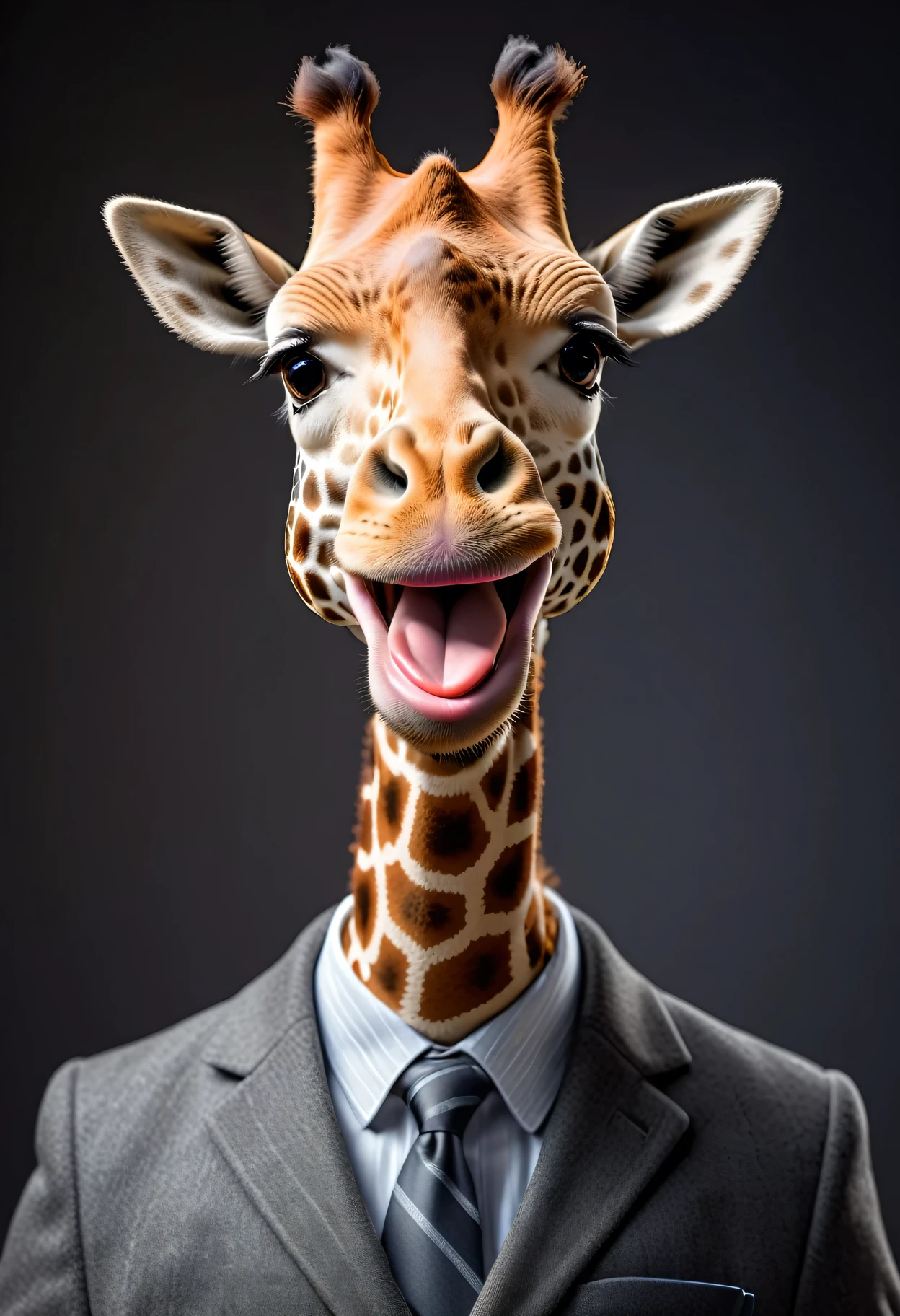 face close up photo of anthropomorphic fat giraffe,(furry), dressed in a dark gray suit, (sticking out tongue:1.5),(happy smile:1.5),(playful:1.2), soft lighting, Cinematic, hdr, primitive, Intricate, High quality, smoothing tones, Intricate details, Low contrast,(viewed from side:2.0), (lookingto the side:1.5), simple background