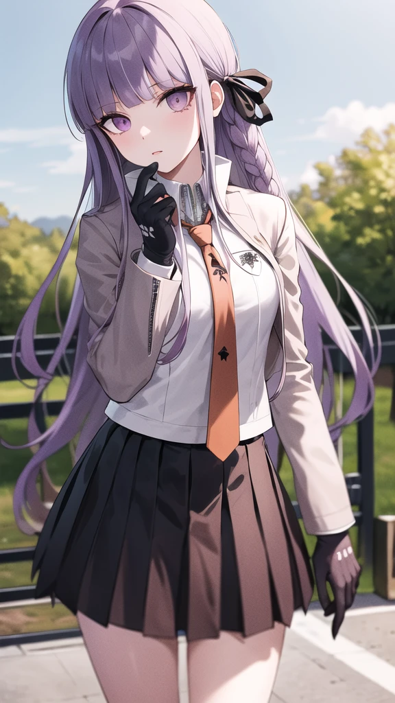 masterpiece, best quality, highres, aakyoko, long hair, purple hair, side braid, blunt bangs, hair ribbon, black ribbon, high collar, brown necktie, black jacket, open clothes, long sleeves, black gloves, black skirt, pleated skirt, danganronpa \(series\), cowboy shot, standing, outdoors,