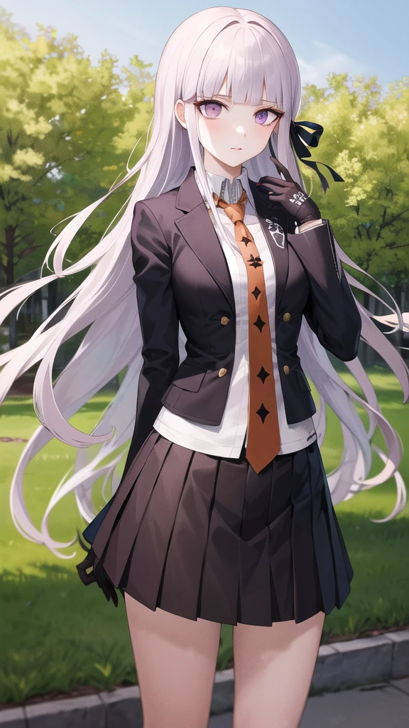 masterpiece, best quality, highres, aakyoko, long hair, purple hair, side braid, blunt bangs, hair ribbon, black ribbon, high collar, brown necktie, black jacket, open clothes, long sleeves, black gloves, black skirt, pleated skirt, danganronpa \(series\), cowboy shot, standing, outdoors,