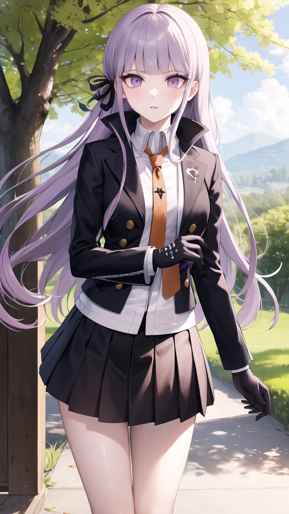 masterpiece, best quality, highres, aakyoko, long hair, purple hair, side braid, blunt bangs, hair ribbon, black ribbon, high collar, brown necktie, black jacket, open clothes, long sleeves, black gloves, black skirt, pleated skirt, danganronpa \(series\), cowboy shot, standing, outdoors,