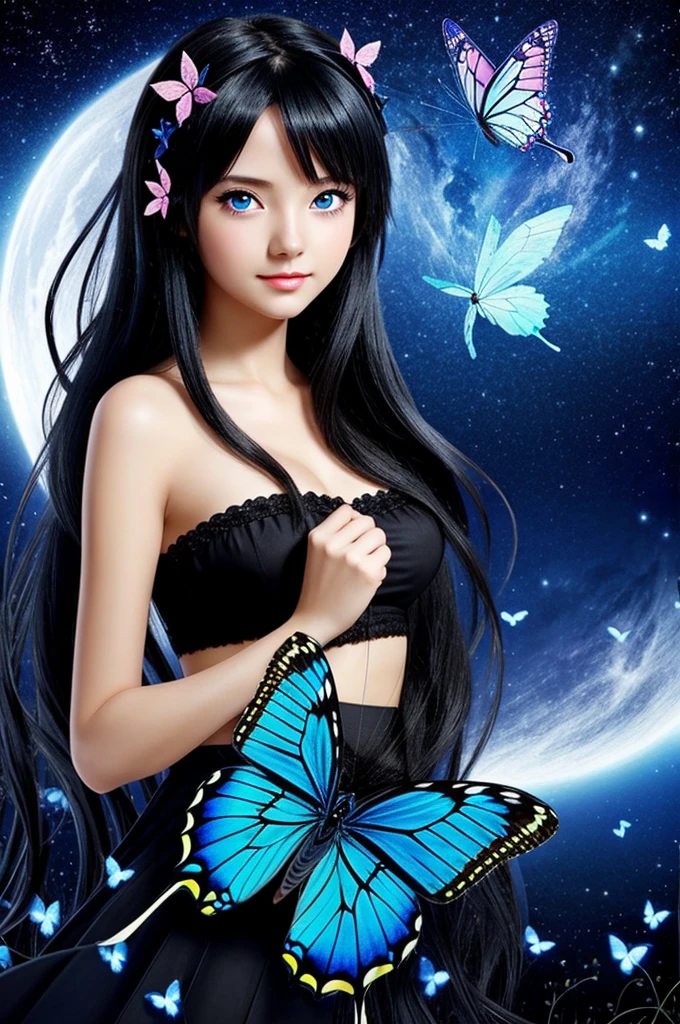 Anime girl black hair blue eyes a butterfly in her hair singing AT night