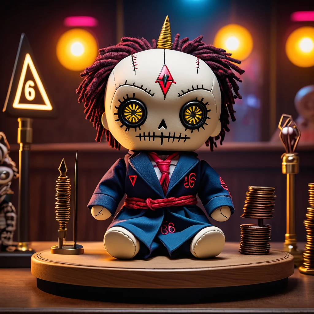 (knitted toy voodoo doll with needles sticking out of the body: 1.8), (sitting on a podium with the number 666: 1.8), (eyes triangular buttons with a thread in the middle: 1.8), clothes in a robe with the logo of the TON coin, (in the background a city in neon color: 1.5), gothic horror atmosphere, best quality, masterpiece, detailed soft oil painting, detailed background, dramatic cinematic lighting, soft edge lighting, professional, dramatic lighting, hard edge lighting, ultra quality, 4k, masterpiece, best quality, 8k, ultra high definition, high definition, extremely detailed