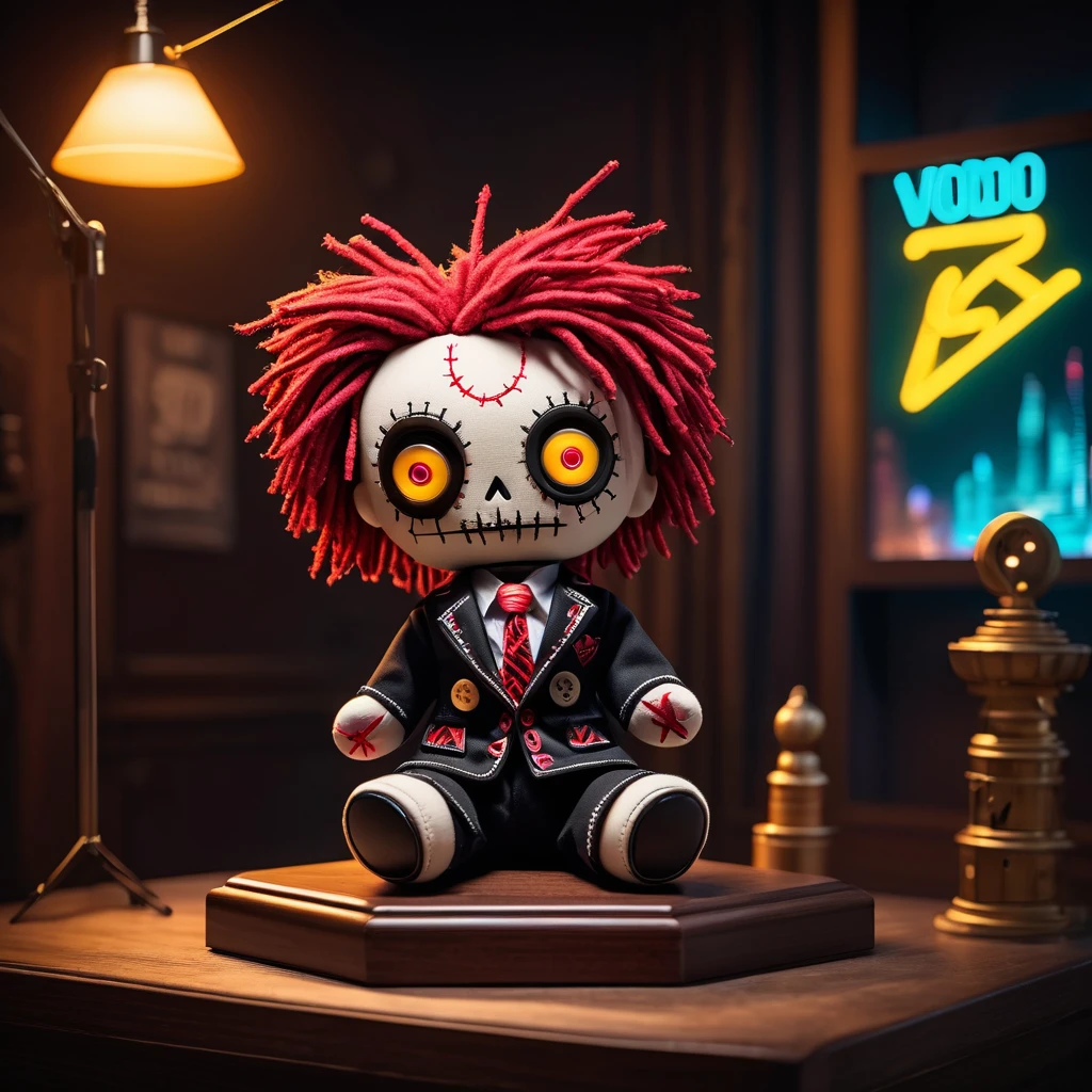 (knitted toy voodoo doll with needles sticking out of the body: 1.8), (sitting on a podium with the number 666: 1.8), (eyes triangular buttons with a thread in the middle: 1.8), clothes in a robe with the logo of the TON coin, (in the background a city in neon color: 1.5), gothic horror atmosphere, best quality, masterpiece, detailed soft oil painting, detailed background, dramatic cinematic lighting, soft edge lighting, professional, dramatic lighting, hard edge lighting, ultra quality, 4k, masterpiece, best quality, 8k, ultra high definition, high definition, extremely detailed