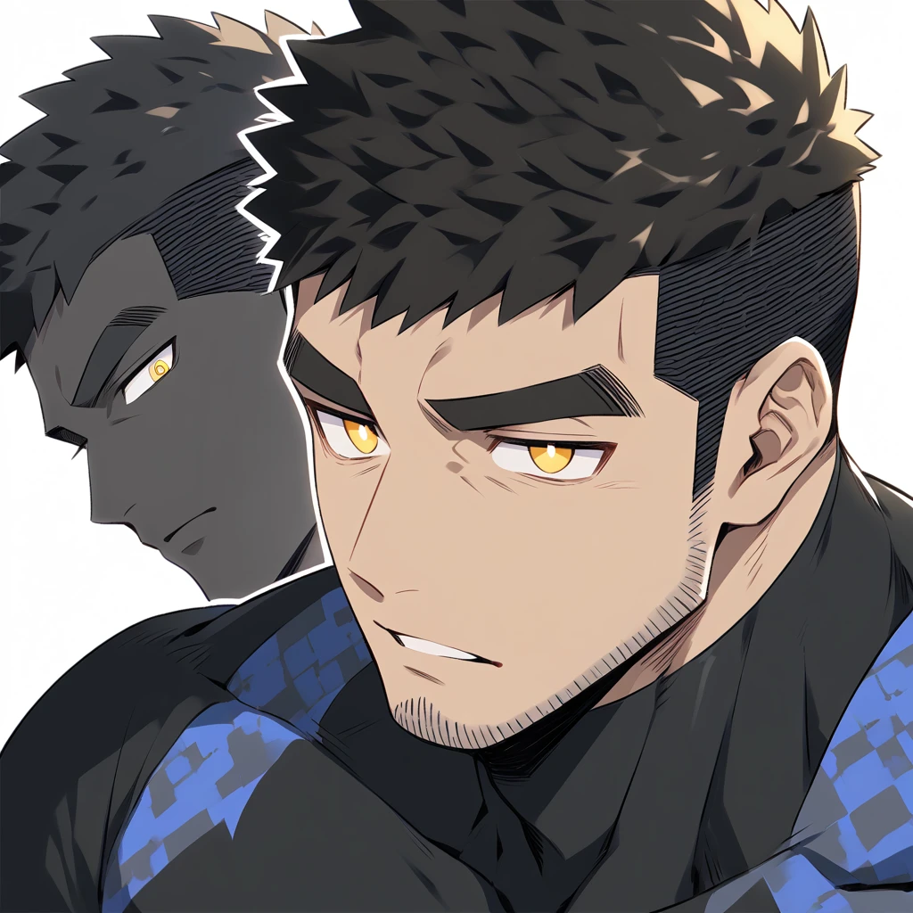 one negro, anime characters:Gyee, Hibino Kafka, One Muscle Sports Student, negro black skin, Very Black, muscular tough guy, Manliness, male focus, Grey long sleeve turtleneck tight t-shirt, Regular symmetrical pattern, Very tight, muscular male, muscular, only, Upper body, alone, Black short hair, Thick eyebrows, stubble, Yellow eyes, White background, simple background, amazing quality, best aesthetics, Ridiculous, bright pupils, crew cut, parted lips, v-shaped eyebrows, jitome, best quality